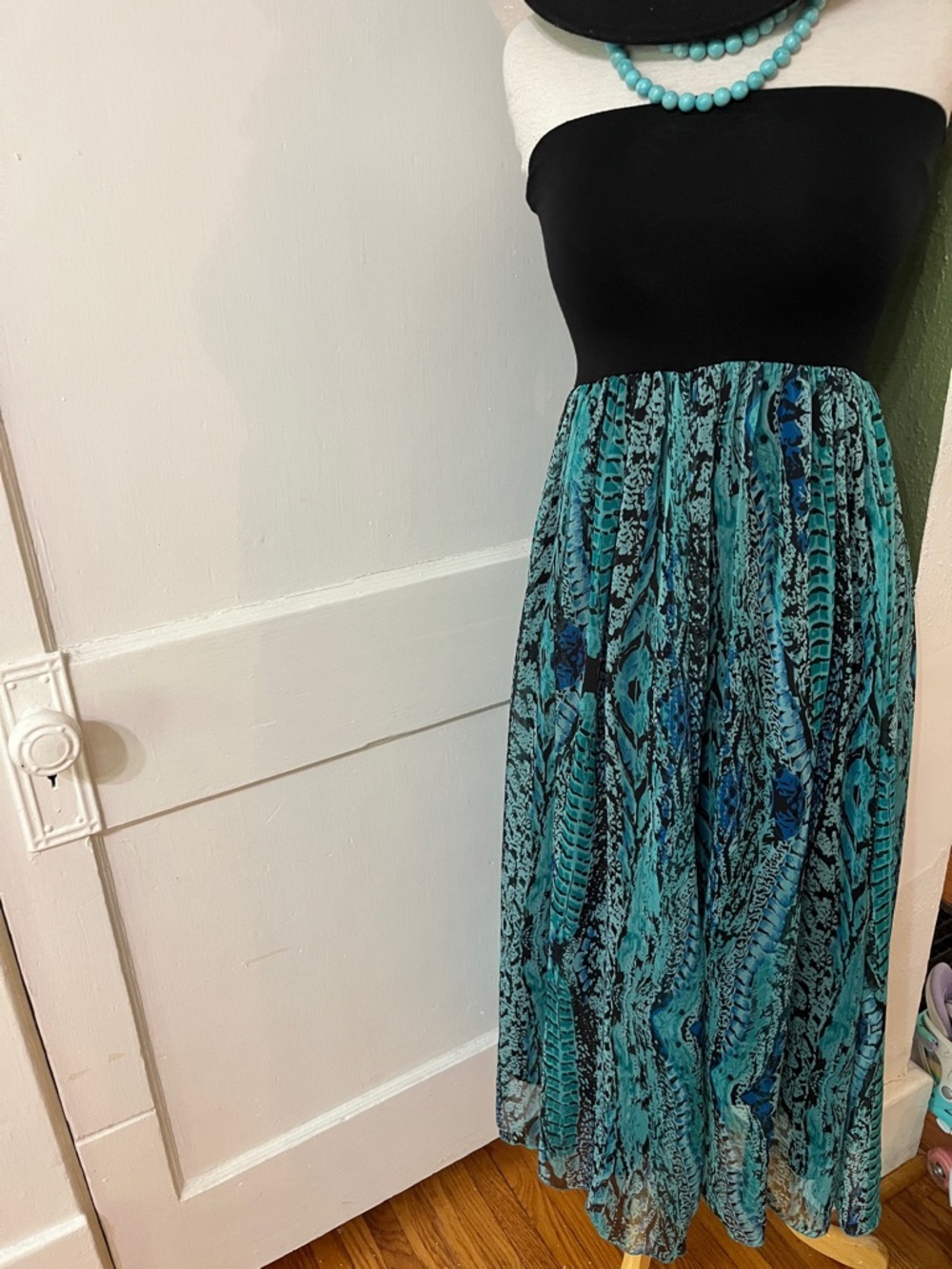 Chelsea & Theodore Black Bustier Maxi or Skirt with Teal Pattern